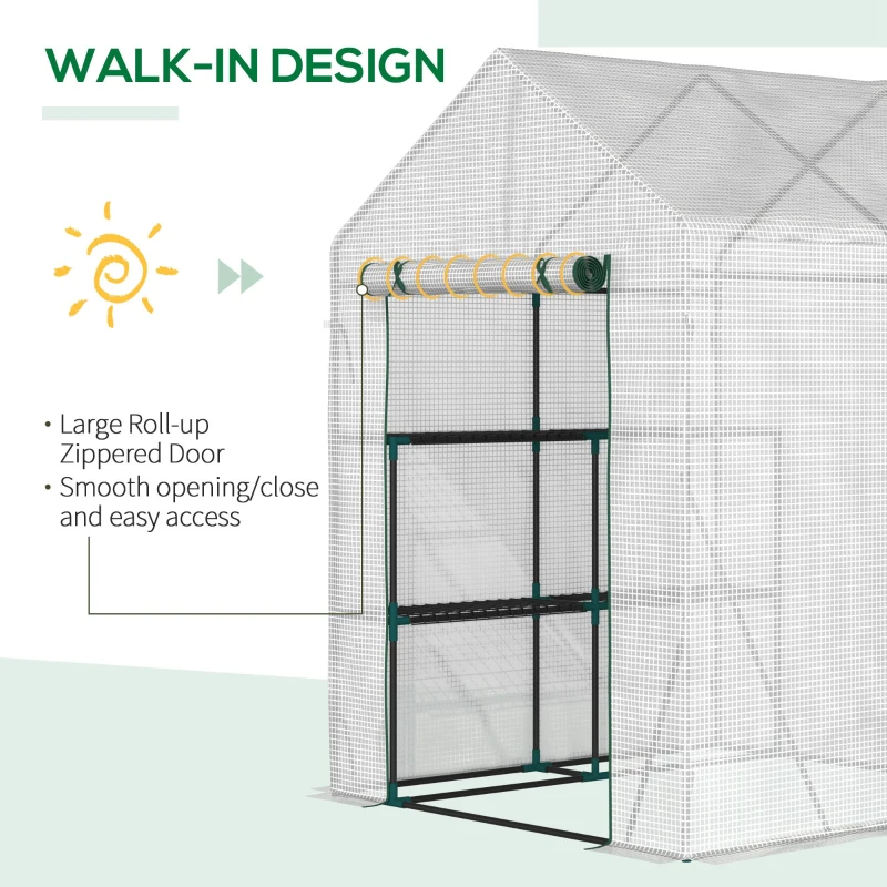 Outsunny Walk In Greenhouse with 2 Tier Shelf, Portable Gardening Plant Grow House Tomato Greenhouse with Roll up Zip Panel Door, Reinforced PE Cover, 143 x 143 x 195cm, Green