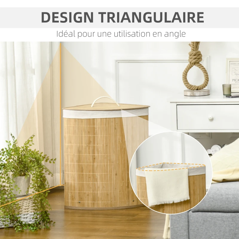 HOMCOM Panier à linge en bambou d'angle 55L avec couvercle et sac amovible 38 x 38 x 57 cm bois naturel et blanc