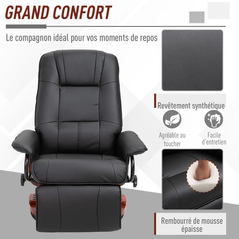 HOMCOM Fauteuil relax inclinable fauteuil de salon repose-pieds réglable pivotant 360° piètement bois revêtement synthétique noir(m-5)