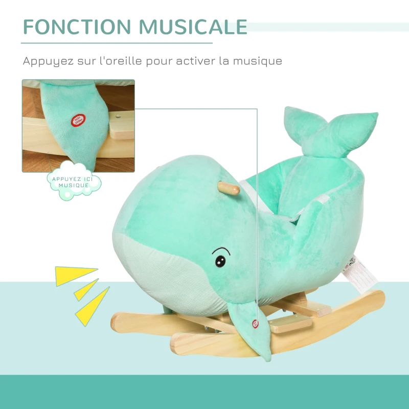 HOMCOM Jouet à Bascule Baleine - Effet sonore Chant Baleine - Fauteuil intégré, Ceinture de sécurité - Bois peuplier Peluche Courte Polyester Turquoise Clair