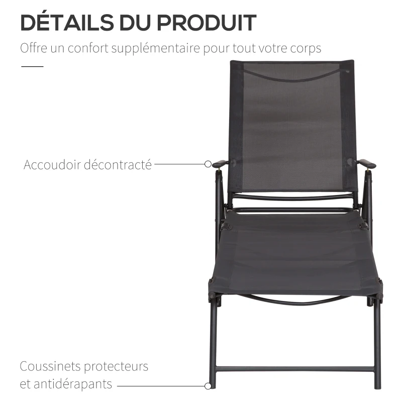 Outsunny Bain de Soleil Pliable transat inclinable 5 Positions Chaise Longue Grand Confort avec accoudoirs dim. 187,2L x 64,5l x 101H cm métal époxy textilène Gris