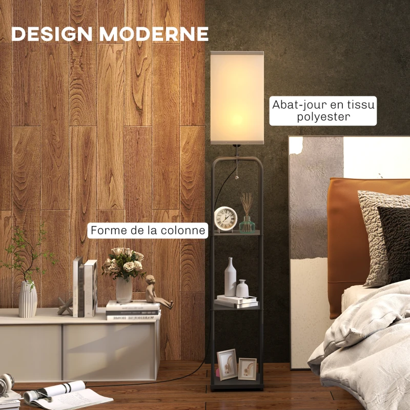 HOMCOM Lampadaire sur pied salon avec étagères, abat-jour en tissu, interrupteur à chaînette pour salon, chambre à coucher