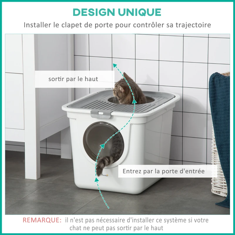PawHut Maison de toilette Bac à litière pour chat double porte battante et supérieure, pelle fourni, 44L x 55l x 39H cm, blanc