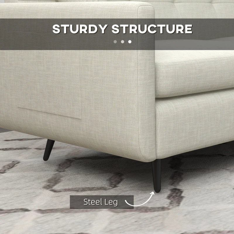 HOMCOM 165cm 3 Seater Sofa for Living Room, Modern Fabric Couch, Tufted Small Couch Sofa Settee with Steel Legs and 2 Storage Pockets for Bedroom and Home Office, Beige