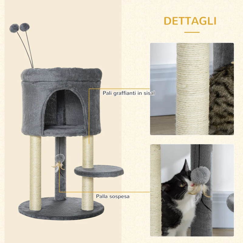 PawHut Albero Tiragraffi per Gatti con Casetta e Lettino, Pali in Sisal e Palline, 44.5x44.5x73.5cm, Grigio