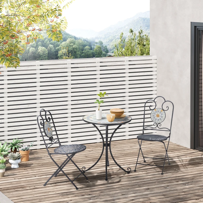 Outsunny Set da Giardino 3 Pezzi, 2 Sedie Pieghevoli e 1 Tavolo, Design a Mosaico, Grigio
