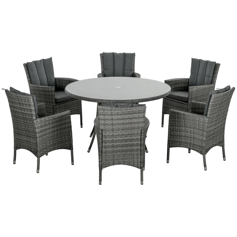 Outsunny Seven-Piece Rattan Dining Table, with Round Glass-Top Table - Mixed Grey