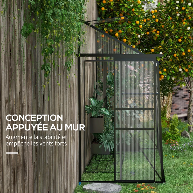 Outsunny Serre adossée, serre de jardin polycarbonate, avec porte coulissante, évent de toit, fondation, 127 x 253 x 240 cm noir