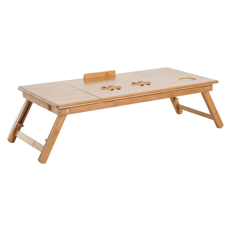 HOMCOM Mesa de Ordenador Portátil Bambú Bandeja de Cama Desayuno Plegable Reclinable Altura Ajustable Soporte Escritorio de regazo 1 Cajón 72x35x22-30cm