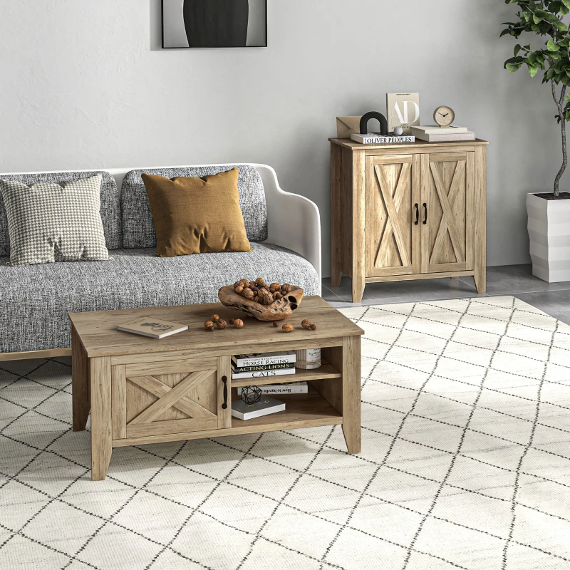 HOMCOM Ensemble de table basse et buffet de cuisine style rural chic multi-rangement - en Bois Aspect chêne