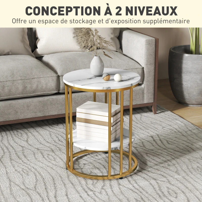 HOMCOM Lot de 2 tables basses rondes tables de salon effet marbre avec étagère de rangement ouverte et cadre en acier or