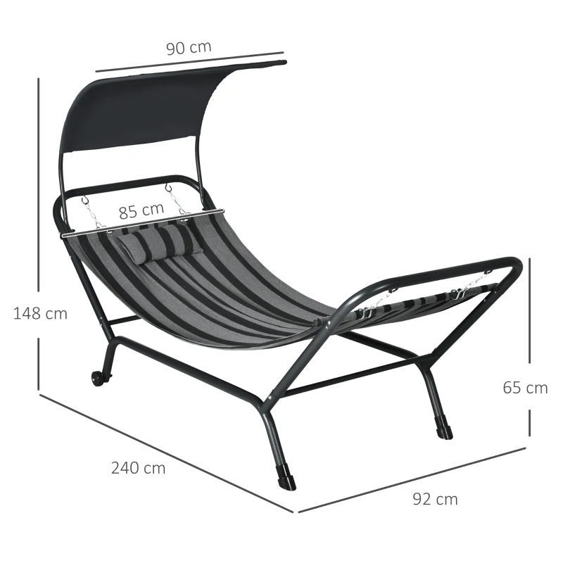 Outsunny Chaise longue bain de soleil transat en acier et polyester avec auvent coussin et roulettes dim. 240L x 92l x 148H cm