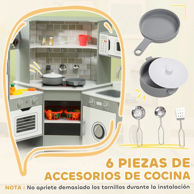 AIYAPLAY Cocinita Infantil con Sonido Fogón Horno Grifo Fregadero Microondas Lavadora Máquina de Hielo y Accesorio de Cocina Gris