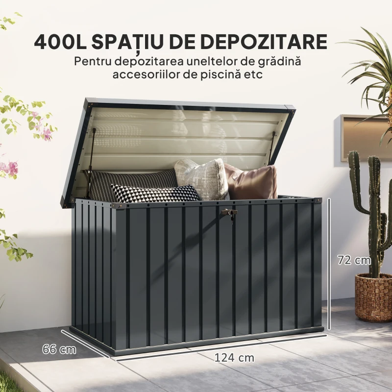 Outsunny Ladă de Exterior de 400L cu Capac cu Două Pârghii, Încuietoare și 2 Chei, 124x66x72 cm, Gri Închis