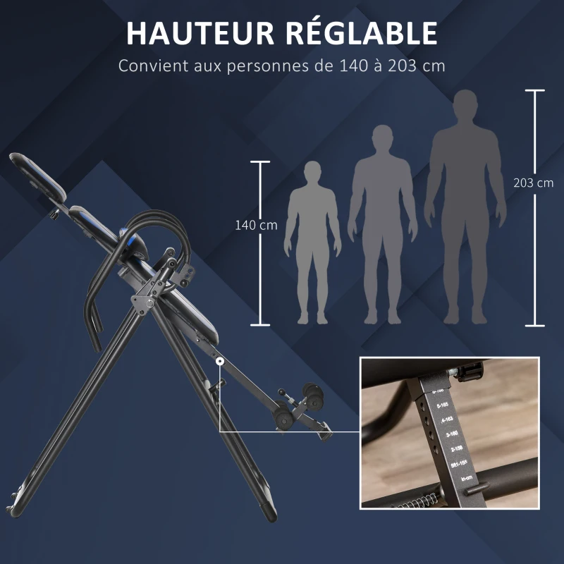 HOMCOM Table d'inversion pliable réglable entraîneur de gravité pour thérapie du dos avec coussins de cheville jusqu'à 110kg
