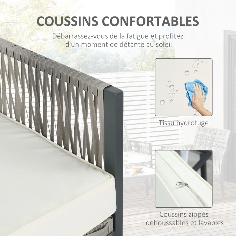 Outsunny Ensemble salon de jardin contemporain 4 pièces 4 personnes avec canapé 2 places, fauteuils et table basse plateau verre trempé métal