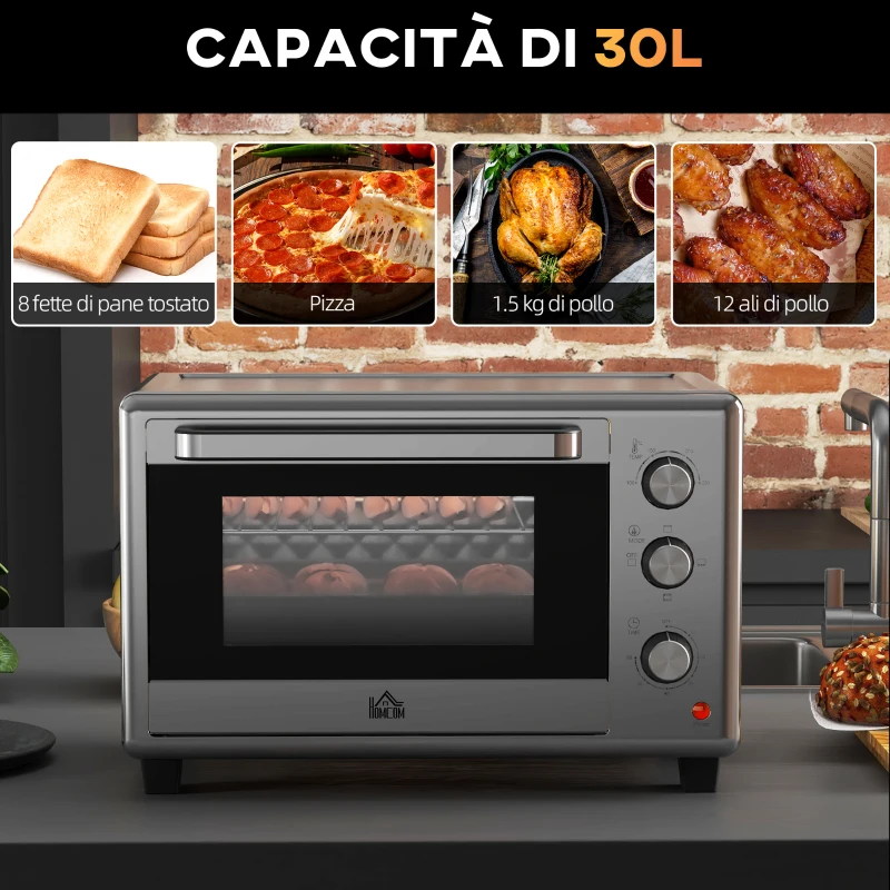 HOMCOM Fornetto Elettrico da 30L con 3 Funzioni di Cottura, Temperatura Regolabile e Timer, 1600W, Argento