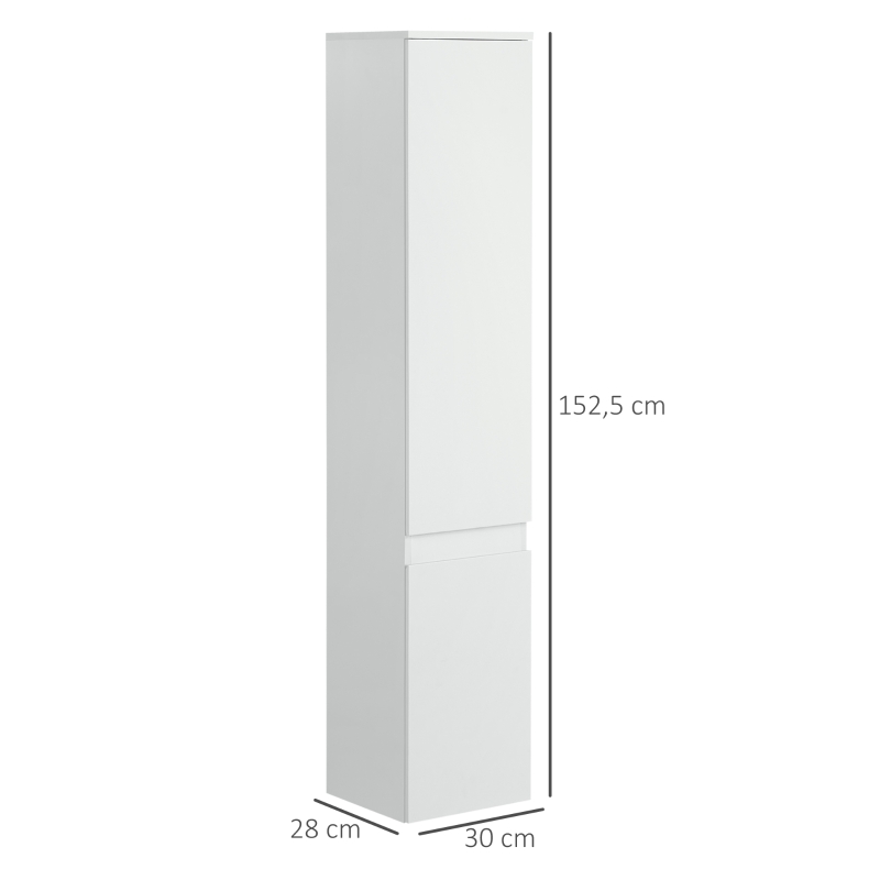 kleankin Meuble colonne rangement salle de bain 2 placards 3 étagères réglables style contemporain 30 x 28 x 152,5 cm blanc