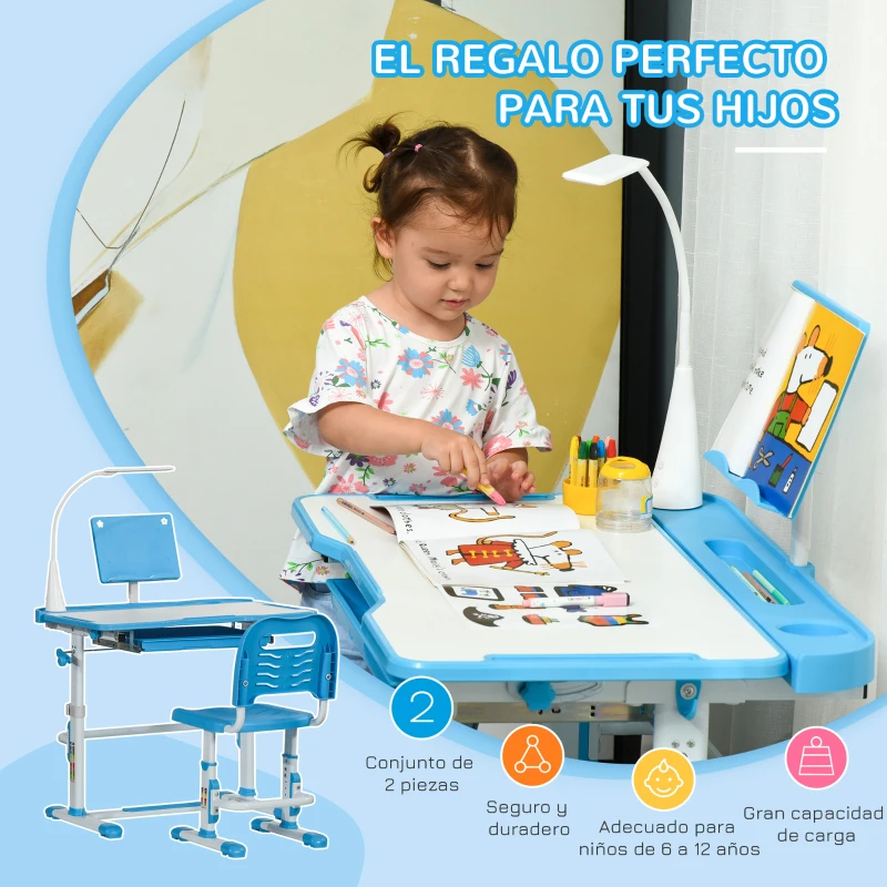 HOMCOM Escritorio y Silla para +6 Años con Altura Ajustable e Inclinable 80x49,5x82-104 cm y 35,5x43,5x63-73 cm Azul