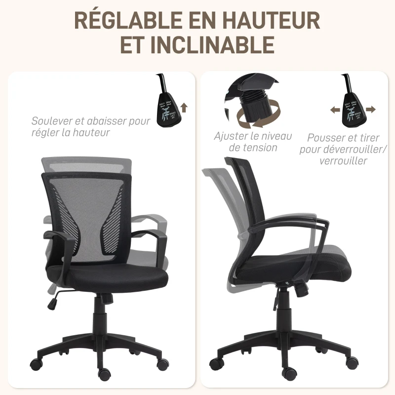 HOMCOM Chaise bureau fauteuil de bureau avec siège dossier en maille respirante hauteur réglable 62 x 60 x 92-102 cm noir