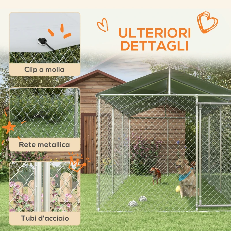 PawHut Kennel per Cani da Esterno con Tetto Impermeabile in Tessuto Oxford e Acciaio, 6x2.3x2.3m, Argento