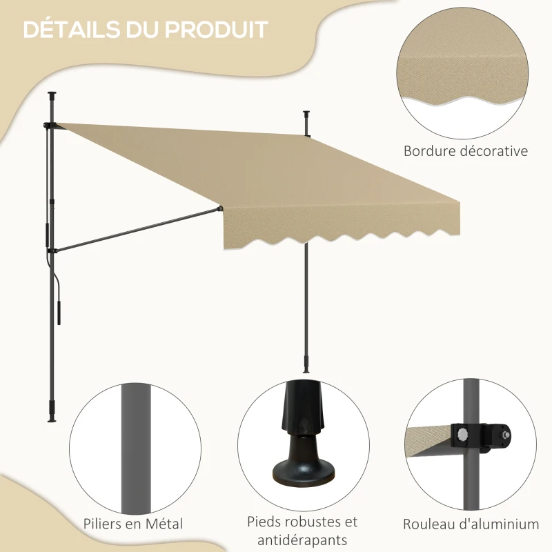 Outsunny Store banne manuel rétractable inclinaison réglable installation rapide  sans trous à percer 3 x 1,5 x 3,1 m