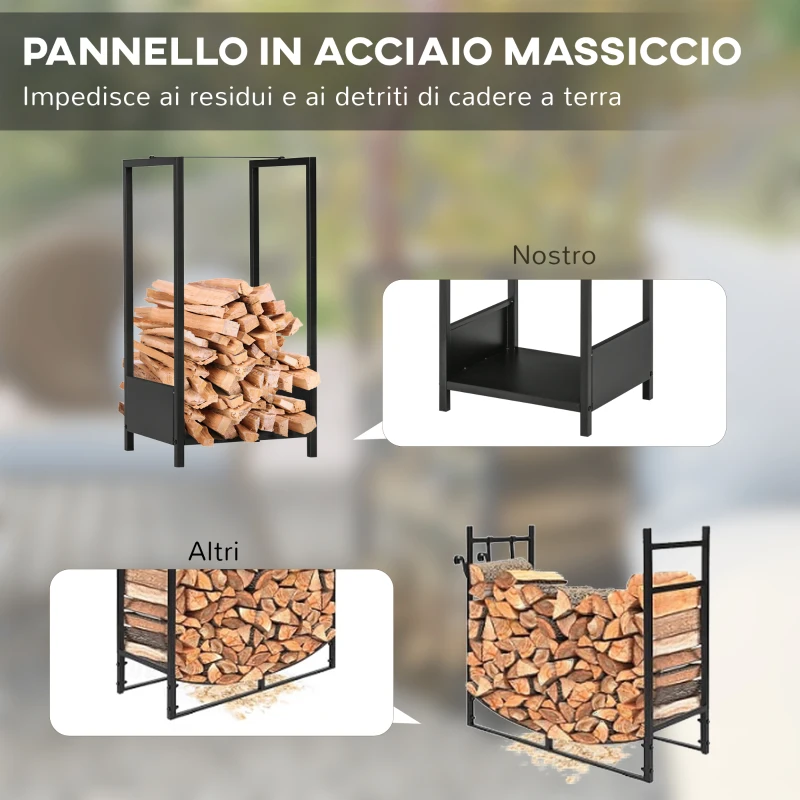 Outsunny Scaffale Portalegna da Esterno e Interno in Acciaio con Base Rialzata, 39x35x76cm, Nero