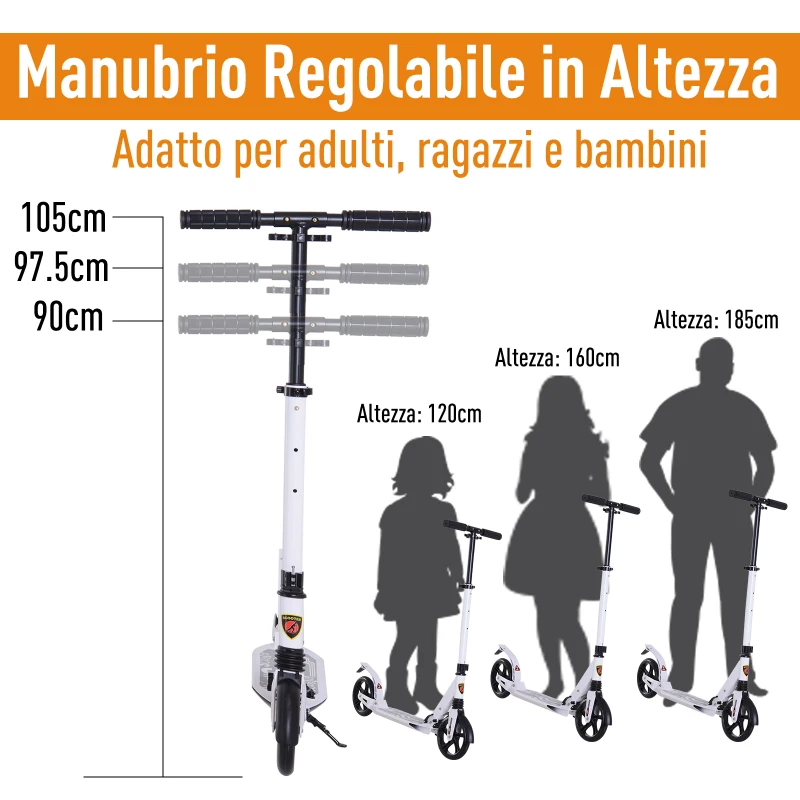HOMCOM Monopattino Scooter Pieghevole con Serratura Rinforzata Regolabile per Adulti e Bambini in Alluminio 94 x 38 x 90-105 cm Bianco