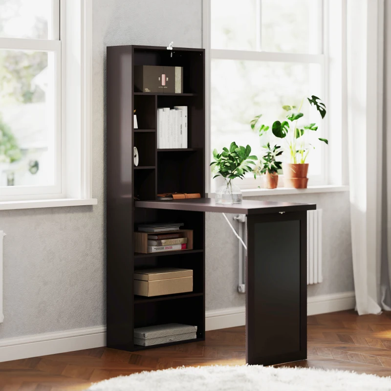 HOMCOM Bureau avec rangement pliable murale rabattable avec bibliothèque poste de travail tableau à craie et étagère réglable(m-2)