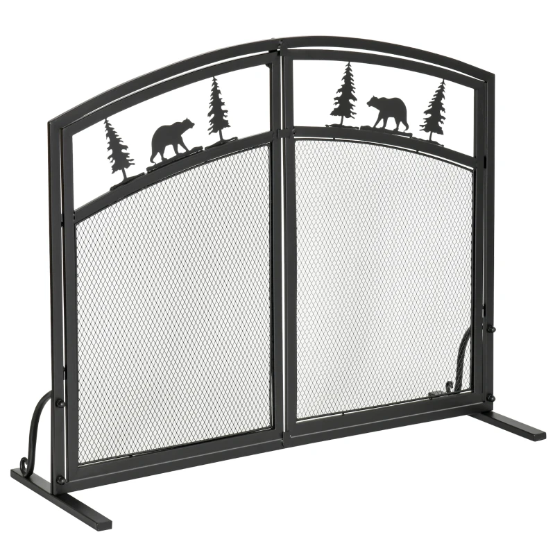 HOMCOM Fire Guard with Double Doors, Metal Mesh Fireplace Screen, Spark Flame Barrier with Tree Decoration for Living Room, Bedroom Decor