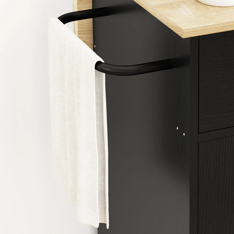 HOMCOM Isla de Cocina con Ala Abatible 2 Puertas Cajón Especiero Toallero y Estante Ajustable 106x42x87 cm Negro y Roble