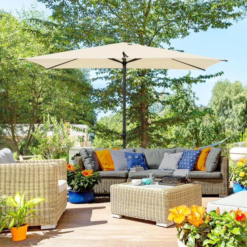 Outsunny 3 x 2m Garden Parasol Umbrella, Outdoor Market Table Umbrella with Aluminium Pole & Crank, Rectangular Tilting Parasol Sun Shade Canopy, Beige