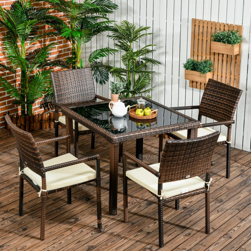Outsunny Set da Esterni in Rattan PE con Tavolo e 4 Sedie con Cuscini, Marrone
