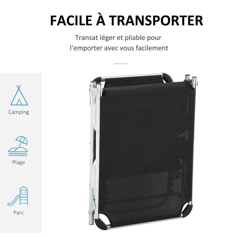 Outsunny Bain de soleil chaise longue pliante avec appuie-tête, transat inclinable en aluminium et textilène, transat jardin extérieur pour plage relax camping piscine terrasse, 165x60x76cm, noir