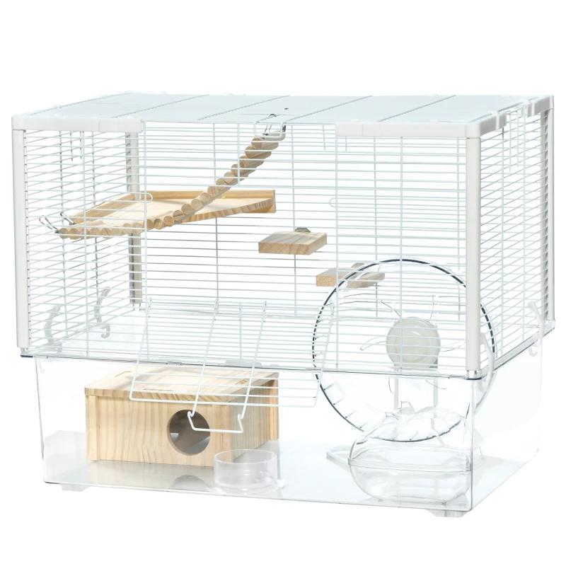 PawHut Hamster Cage, Gerbil Cage with Wooden Ramp, Exercise Wheel, Food Bowl - White