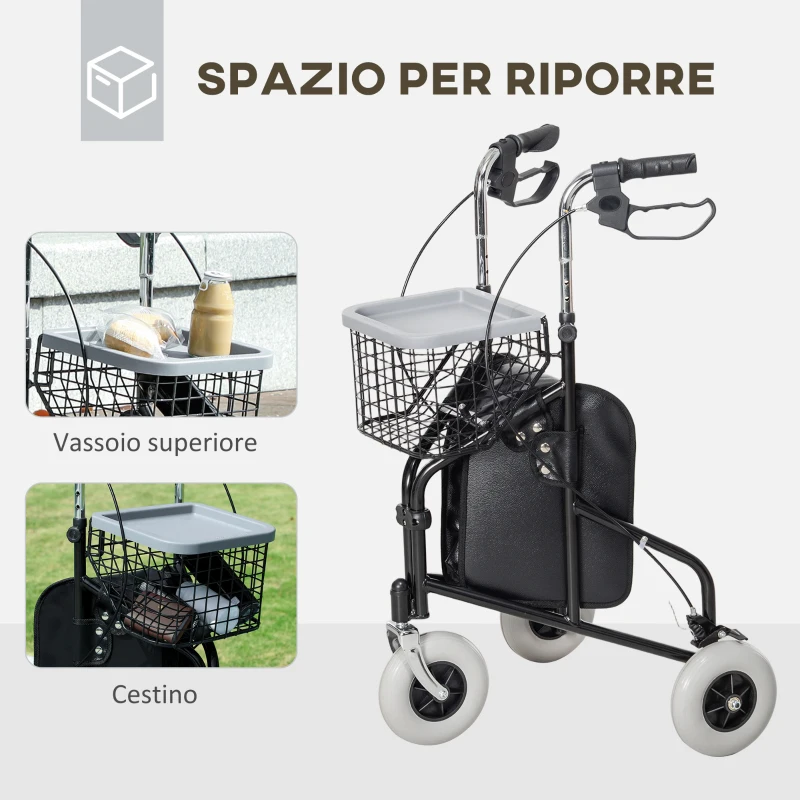 HOMCOM Deambulatore per Anziani e Disabili ad Altezza Regolabile con Cestino e Vassoio, 60x62x84-100.5 cm, Nero