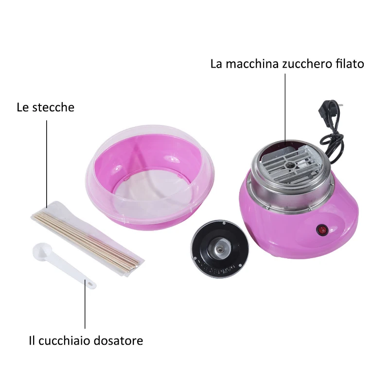 HOMCOM Macchina per Zucchero Filato in PP, Acciaio Inox e Alluminio 450W 27 x 26 x 18cm Rosa