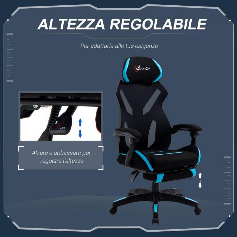 Vinsetto Sedia da Gaming con Supporto Lombare, Sedia Ufficio Ergonomica con Altezza Regolabile in Tessuto Nero e Blu, 65x65x119-129cm