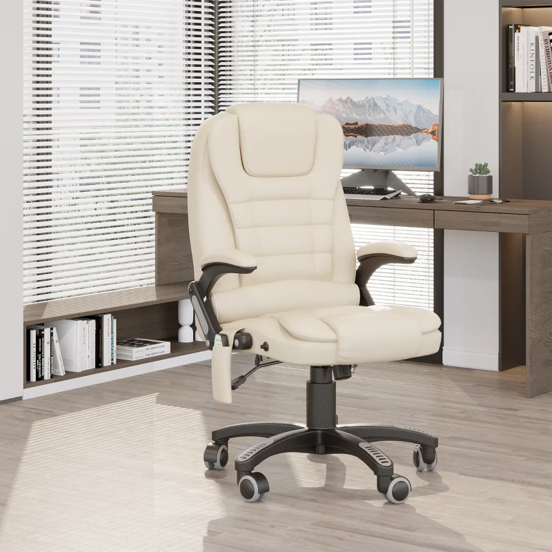 HOMCOM Six-Point Massage Office Chair with Lumbar Heated for Home Office, PU Leather High Back Executive Desk Chair with Adjustable Height, 150° Recliner, 360° Swivel, Beige