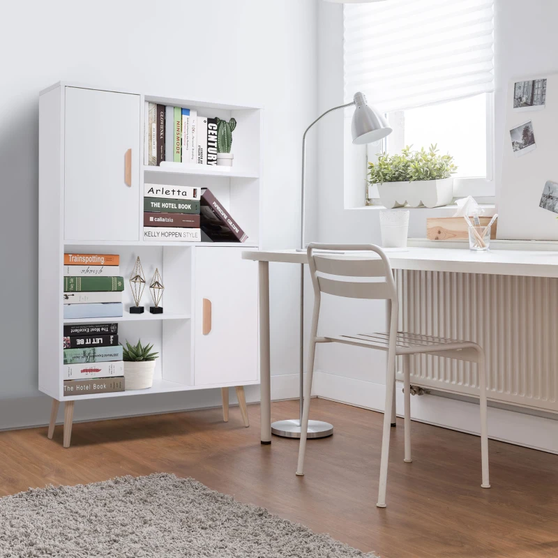 HOMCOM Libreria Scaffale Multifunzionale Salvaspazio con 2 Ante in Legno 80 x 23.5 x 123cm Bianco