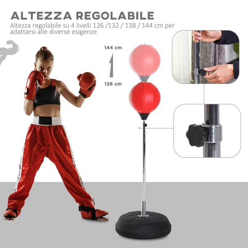 HOMCOM Punching Ball da Terra ad Altezza Regolabile con Guantoni da Boxe e Base Riempibile, 43x43x126-144 cm, Rosso
