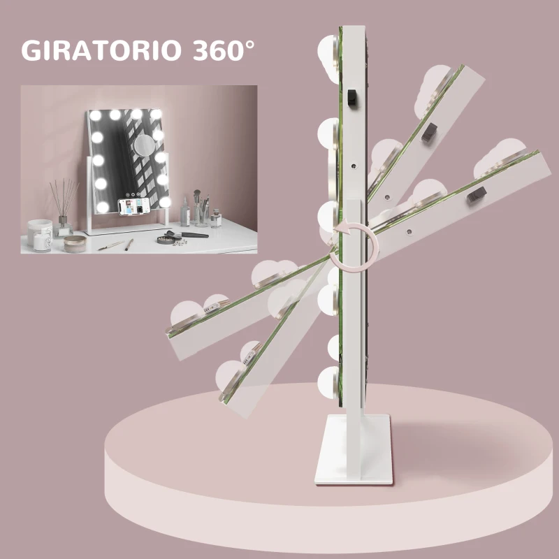 HOMCOM Espejo de Maquillaje con Luz 30x40 cm con 12 Bombillas 3 Modos de Iluminación Ajustables Interruptor Táctil Blanco