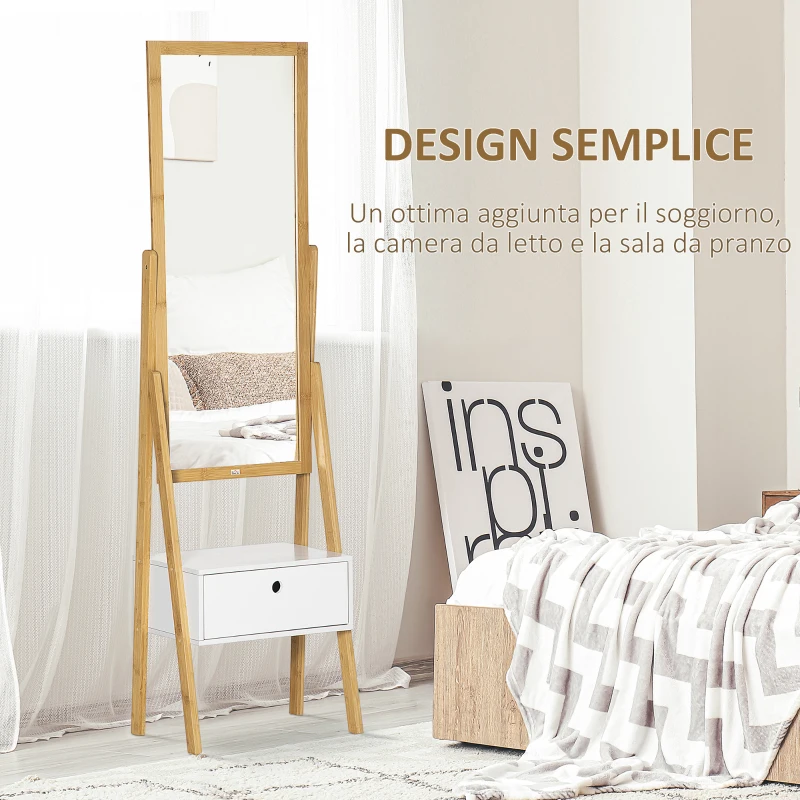 HOMCOM Specchio da Terra con Cassetto, in MDF e Bambù, 45x30x160 cm, Bianco e Color Legno