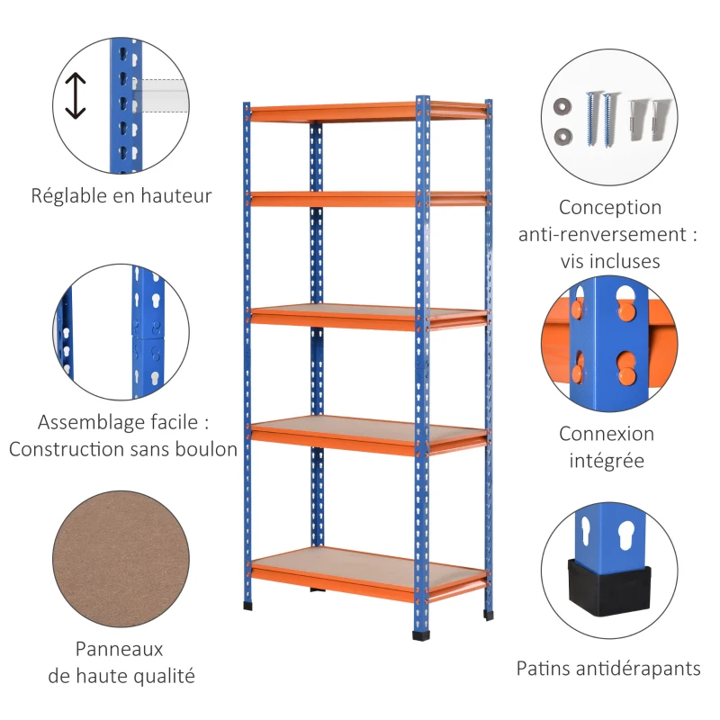 HOMCOM Étagère en métal de garage 5 niveaux capacité 1500 kg 80 x 40 x 182 cm bleu orange