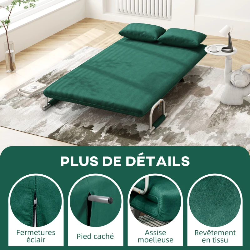 HOMCOM Canapé convertible 2 places canapé-lit 2 places avec dossier réglable et 2 coussins en revêtement aspect suède vert