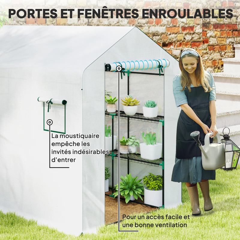 Outsunny Serre de jardin 3 m² avec étagères 3 niveaux, PE renforcée 135 g/m² anti-UV, porte enroulable et fenêtres en maille