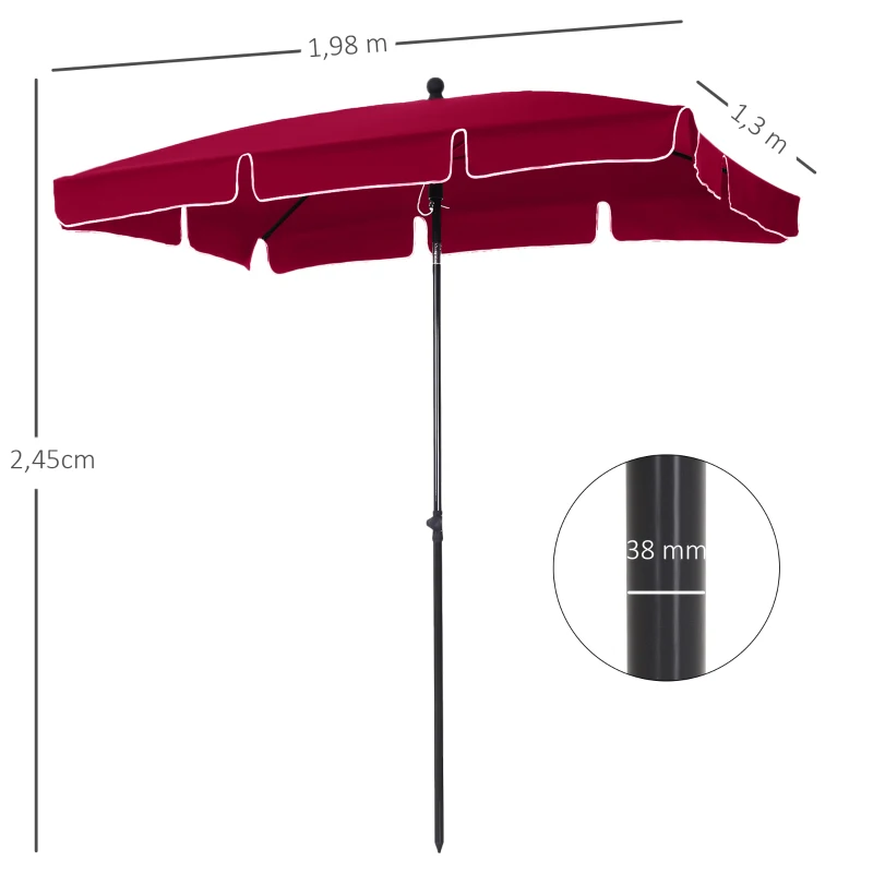 Outsunny Parasol de jardin Parasol droit rectangulaire inclinable alu métal polyester haute densité 2 x 1,3 m rouge