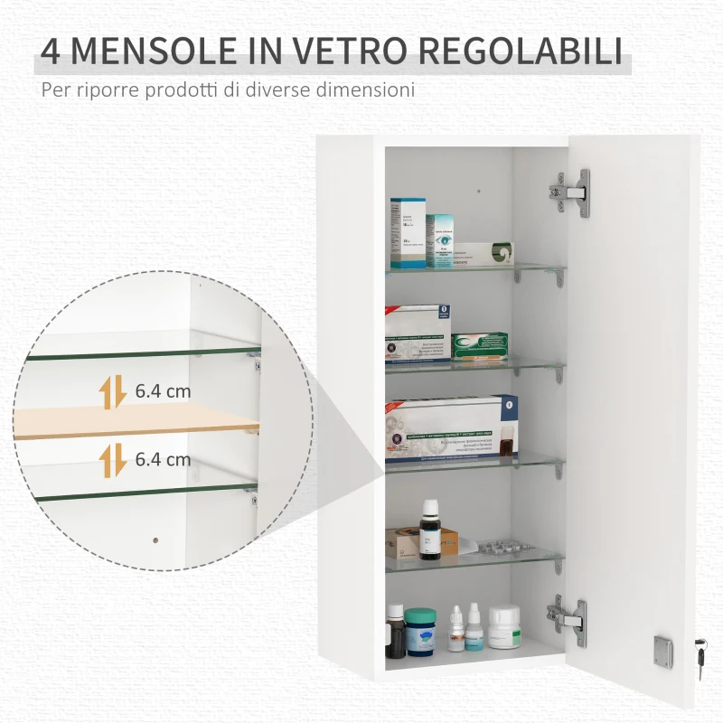 kleankin Armadietto Medicinali a Muro con Serratura, 5 Ripiani e Mensole Regolabili, in Legno e Vetro, Bianco, 30x20x70cm