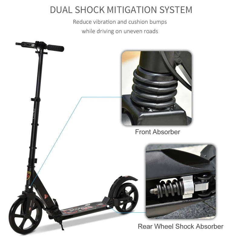 HOMCOM Kick Scooter, Folding 2 Wheel Scooter with Dual Brake System, Dual Suspension, 230mm Big Wheels and 3 Adjustable Handlebar, for 14+ Teens Adults, up to 100KG, Black