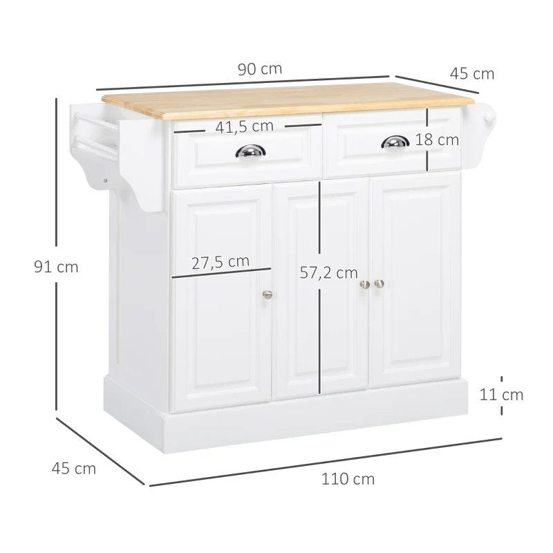 HOMCOM Carro de Cocina con Ruedas Isla de Cocina con 2 Cajones Especiero y Barra para Colgar 110x45x91 cm Blanco